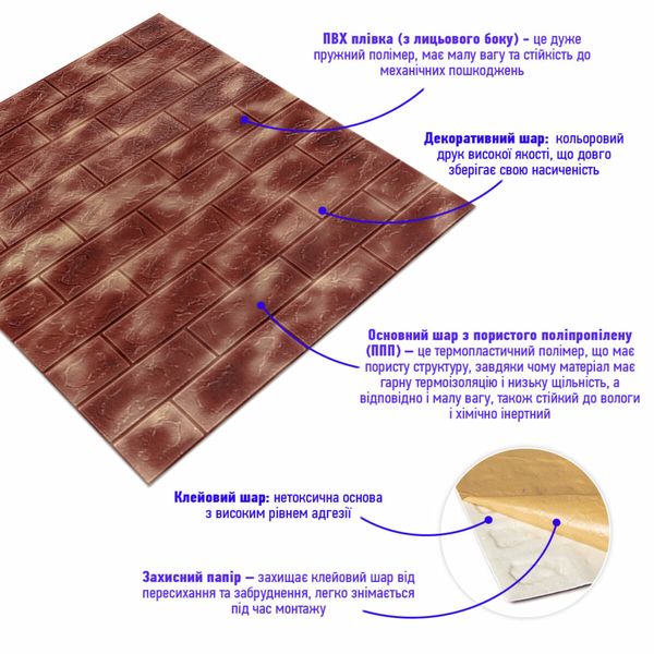 Декоративна 3D панель самоклейка під цеглу Коричневий з золотом Мармур 700х770х5мм (361) SW-00000637 991941786 фото