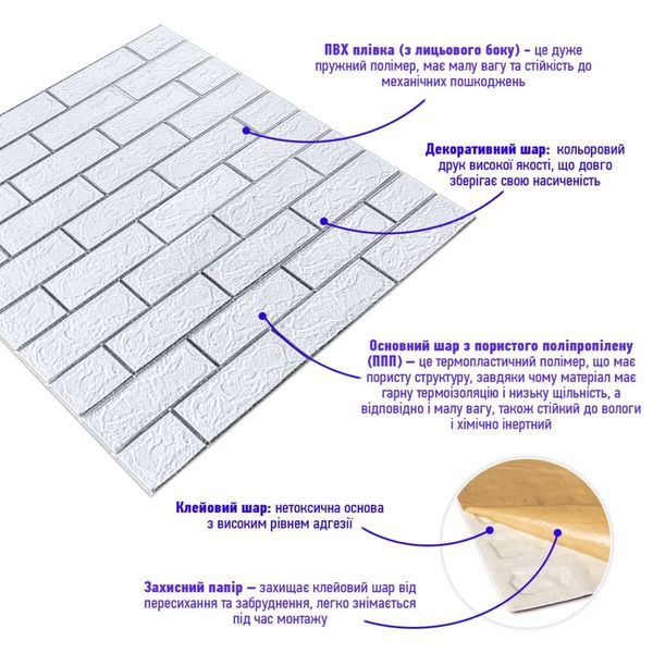 Самоклеюча 3D панель цегла біла смужка срібло 700х770х3мм (100-3) SW-00000752 991943188 фото