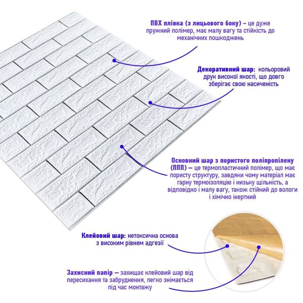 Самоклеющаяся 3D панель кирпич белый полоска серебро 700х770х5мм (100-5) SW-00000753 991943186 фото