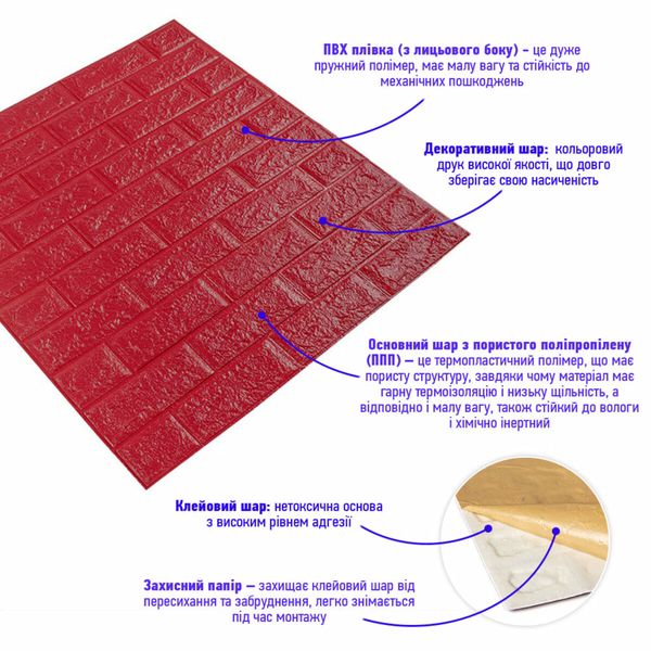 3D панель самоклеюча цегла малинова-червона 700х770х5мм (108-5) SW-00001364 991943427 фото