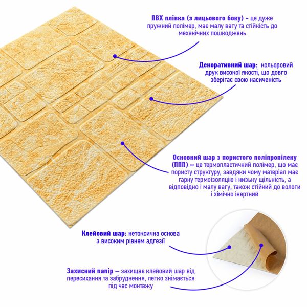 Самоклеюча декоративна 3D панель камінь жовтий мармур 700х700х6мм (152) SW-00000220 991941705 фото