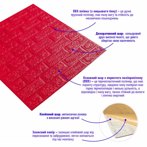 3D панель самоклеюча цегла Червону 700х770х7мм (008-7) SW-00000054 1208790328 фото