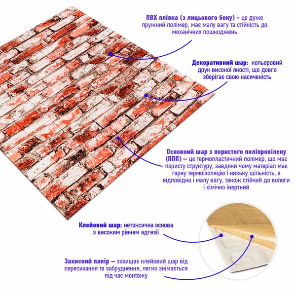 Декоративна 3D панель самоклейка під цеглу Червоно-Біла 700х770х4мм (341) SW-00000533 991942827 фото
