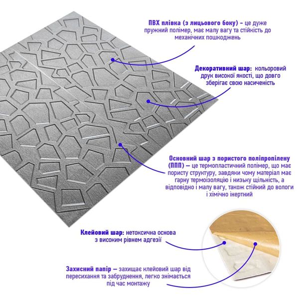 Самоклеюча декоративна настінно-стельова 3D панель срібна 700х700х5мм (118) SW-00000236 1335731501 фото
