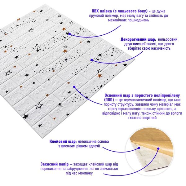 Декоративна 3D панель самоклейка під білий цегла Зірки 700х770х5мм (021) SW-00000086 1132470957 фото