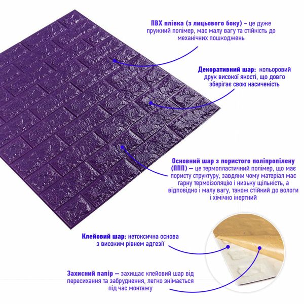 3D панель самоклеющаяся кирпич Фиолетовый 700x770x7мм (016-7) SW-00000062 991929599 фото